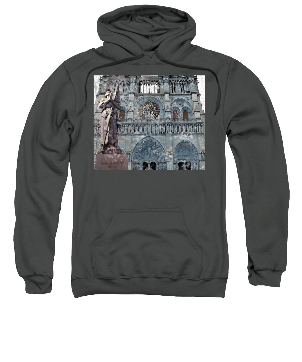 Notre Dame Sweatshirt featuring the mixed media St Joan of Arc Watch Over Notre Dame by Joan Stratton