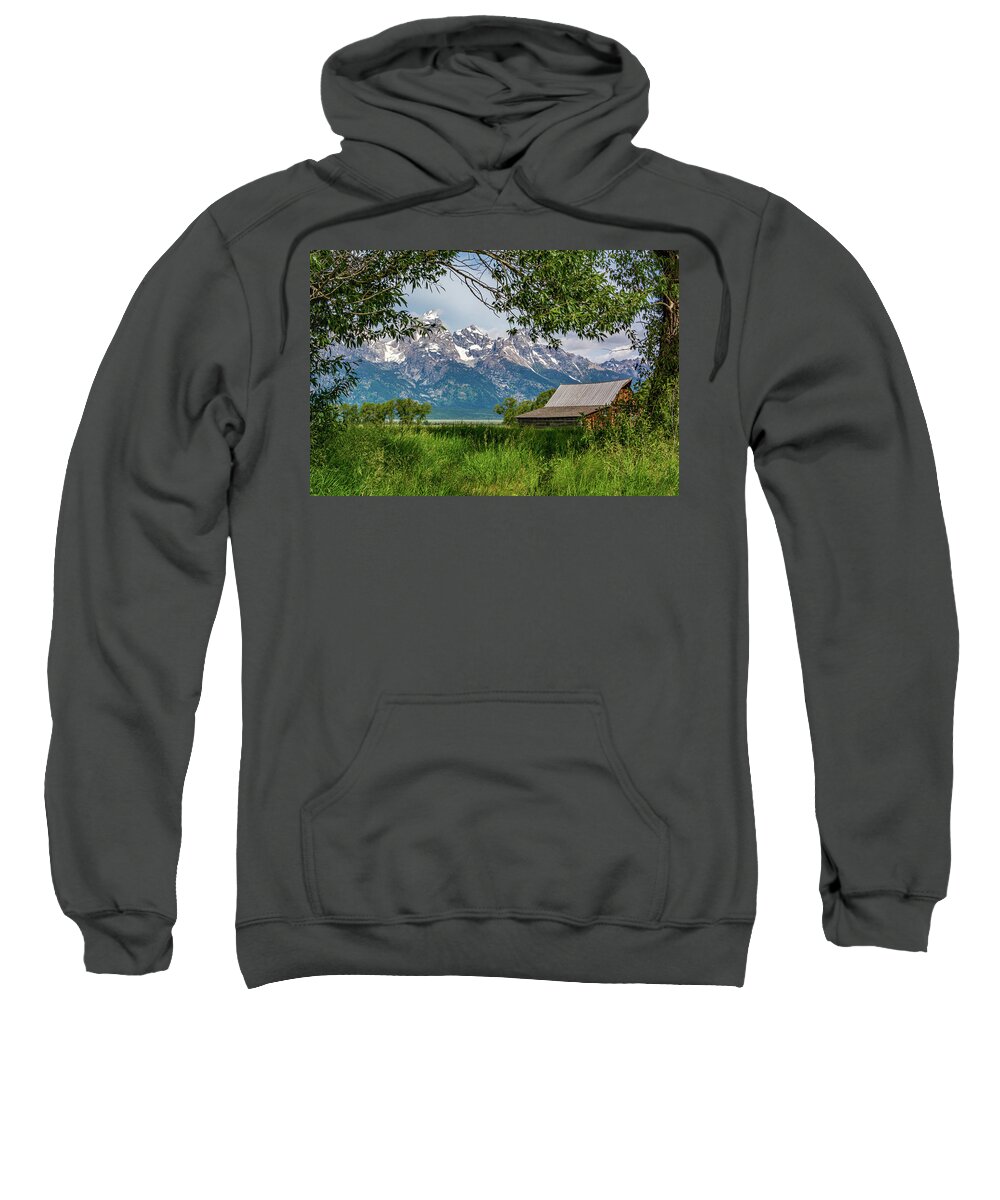 T.a. Moulton Sweatshirt featuring the photograph T A Moulton Barn Through the Trees by Douglas Wielfaert