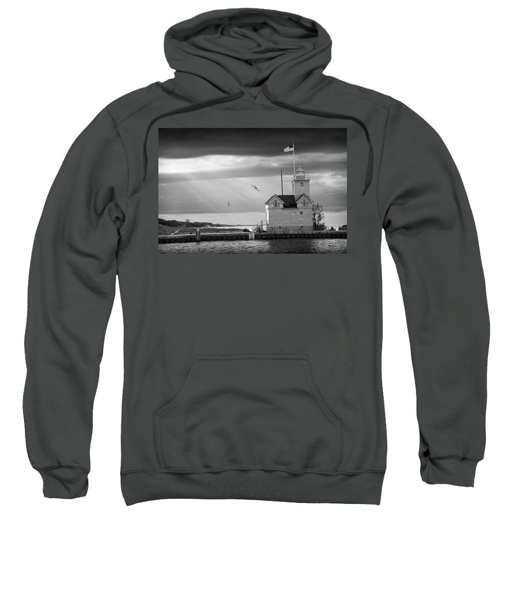 Art Sweatshirt featuring the photograph The Big Red Lighthouse in Black and White with Sunbeams on Lake by Randall Nyhof