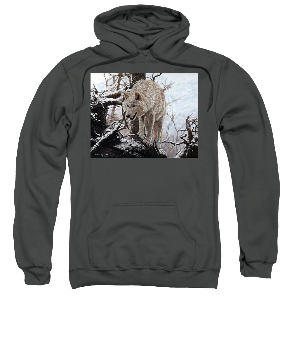 Grey Wolf Sweatshirt featuring the pastel The Lookout by Linda Becker