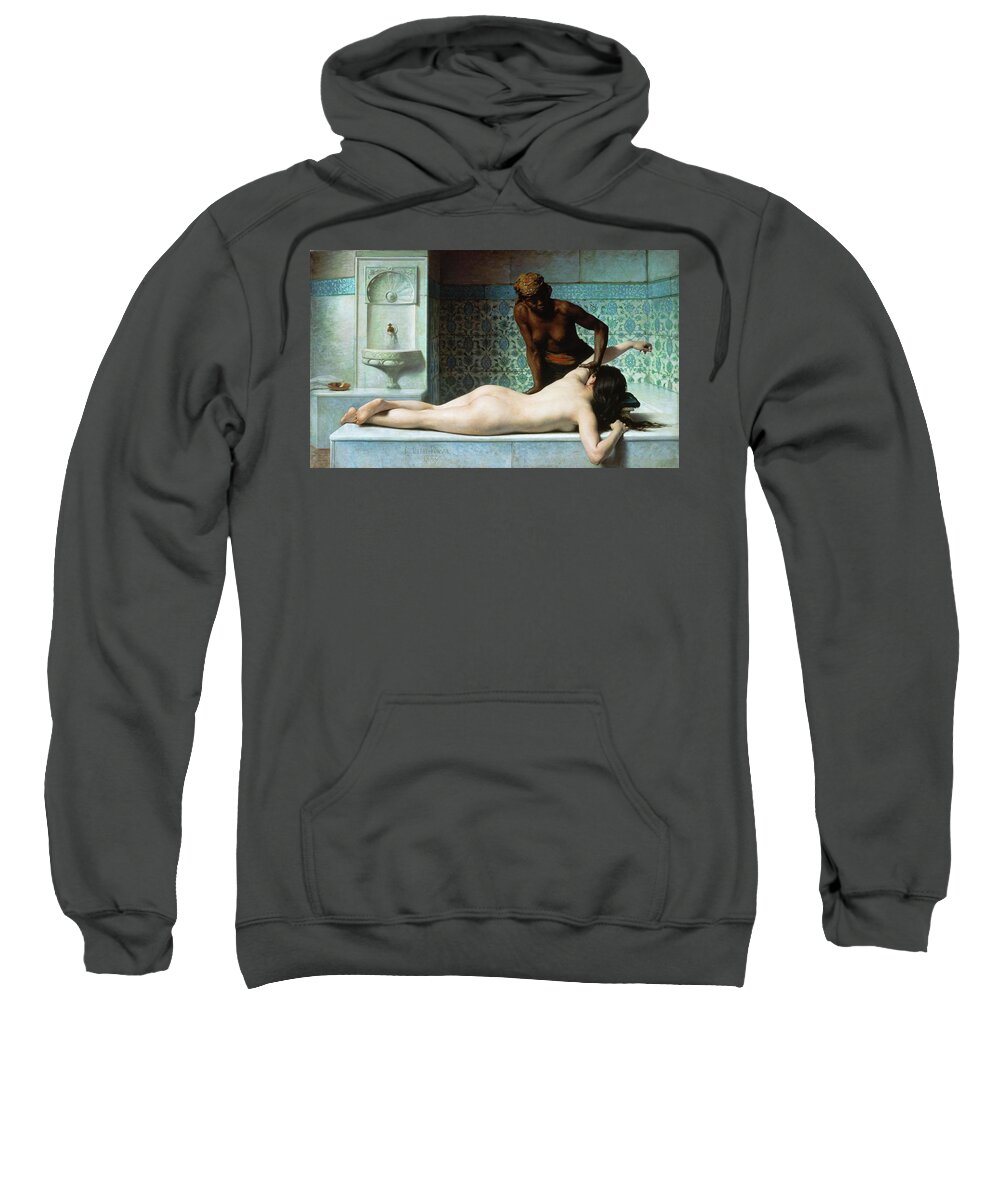 Edouard B Debat Ponsan Sweatshirt featuring the painting The massage. Scene in a hammam -Turkish bath-, 1883 Canvas. by Edouard Bernard Debat Ponsan Edouard Bernard Debat Ponsan