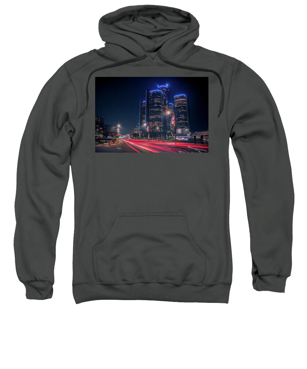 Detroit Sweatshirt featuring the photograph The Renaissance Center on Jefferson at night... by Jay Smith
