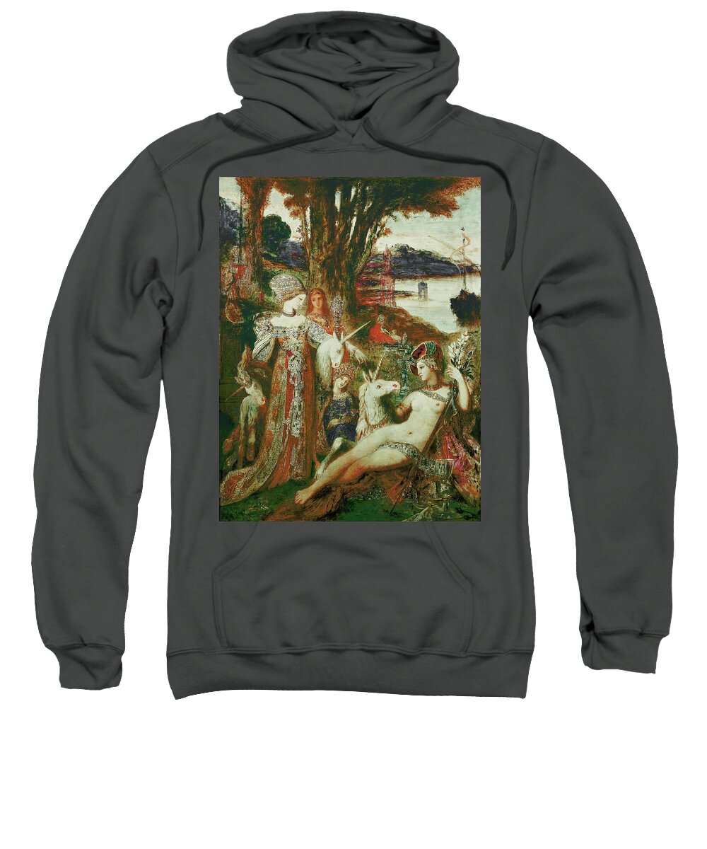 Gustave Moreau Sweatshirt featuring the painting The Unicorn. Oil on canvas. by Gustave Moreau -1826-1898-