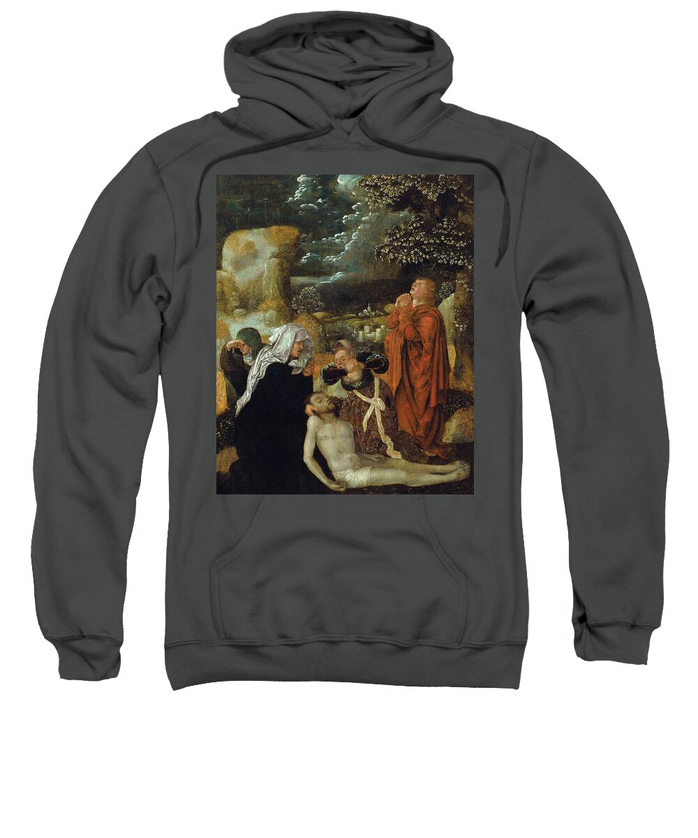 Oil Sweatshirt featuring the painting Ulrich Apt -Augsburg -?-, ca. 1460-Augsburg, 1532-. The Lamentation -ca. 1510-. Oil on panel. 44.... by Ulrich Apt the Elder -1460-1532-