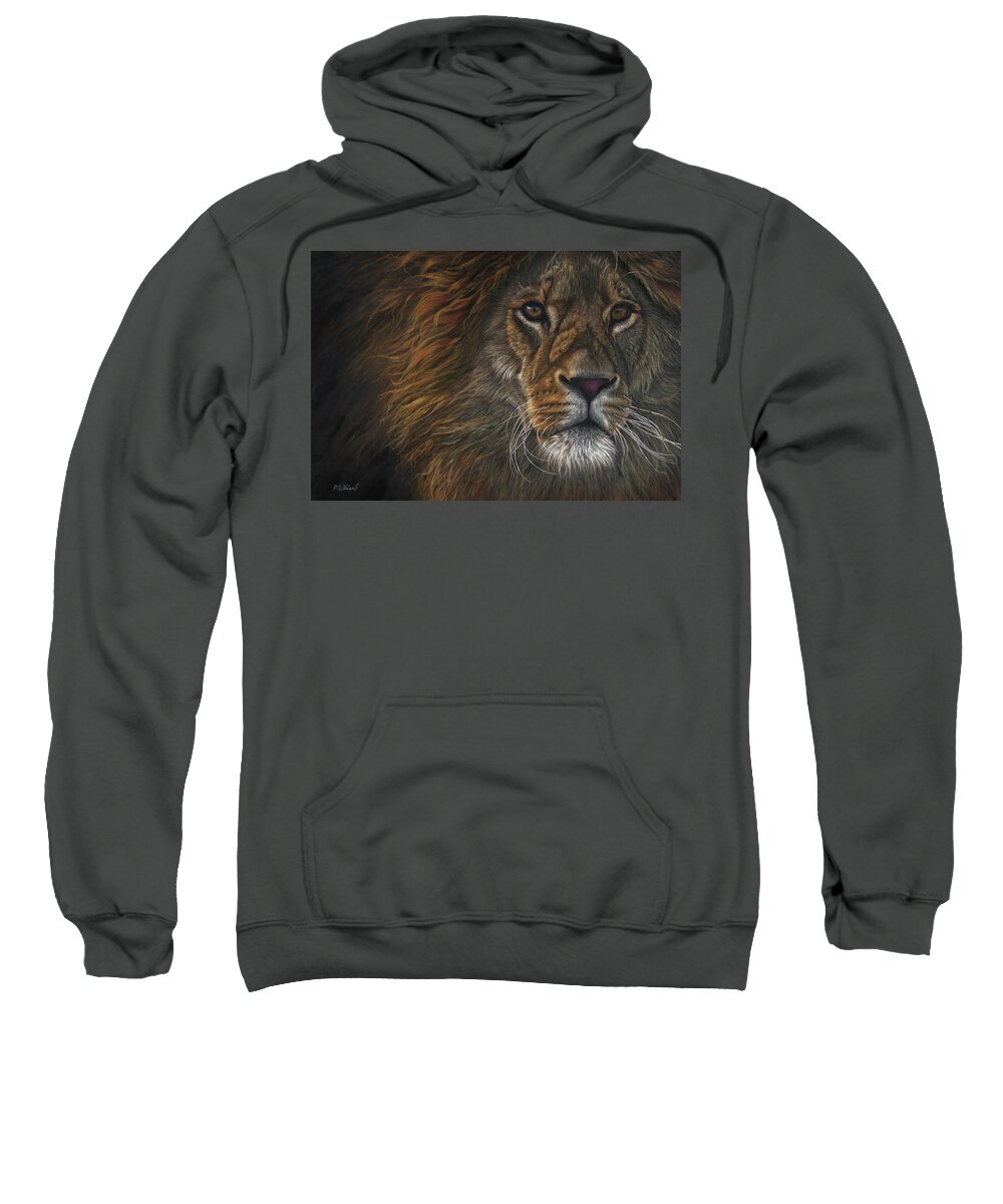Lion Sweatshirt featuring the painting Valiant - African lion portrait by Peter Williams