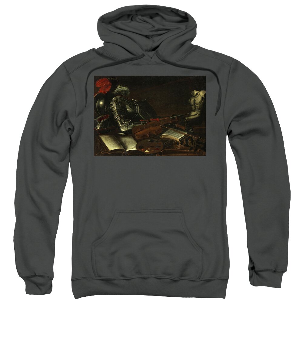 Vanitas Sweatshirt featuring the painting Vanitas with Arms and Violin by Italian masters of the 17th century