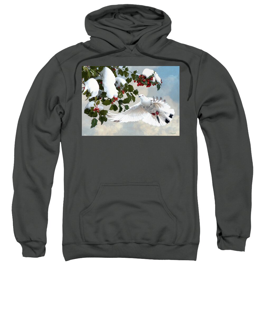 Dove; Peace; White Dove; Bird; Hollly; Snow; Holiday; Christmas; Greeting Card; Digital Art; Digital Painting; Spadecaller Sweatshirt featuring the digital art White Dove and Holly by M Spadecaller