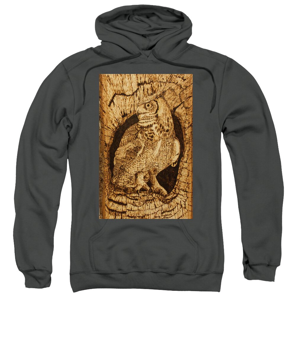 Great Horned Owl Sweatshirt featuring the pyrography Great Horned Owl by Terry Frederick