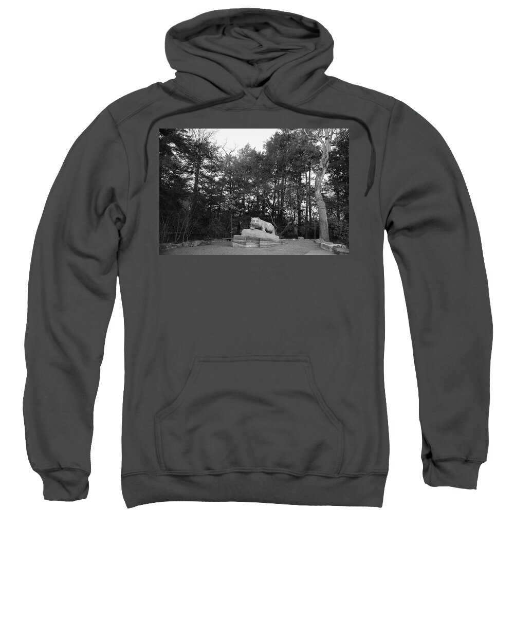 State College Pennsylvania Sweatshirt featuring the photograph Nittany Lion Shrine at Penn State University in black and white #2 by Eldon McGraw
