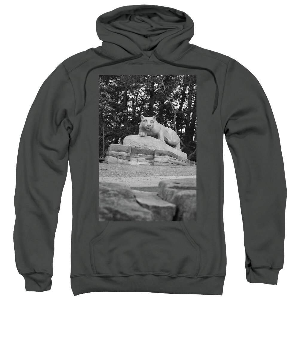 State College Pennsylvania Sweatshirt featuring the photograph Nittany Lion Shrine at Penn State University in black and white by Eldon McGraw