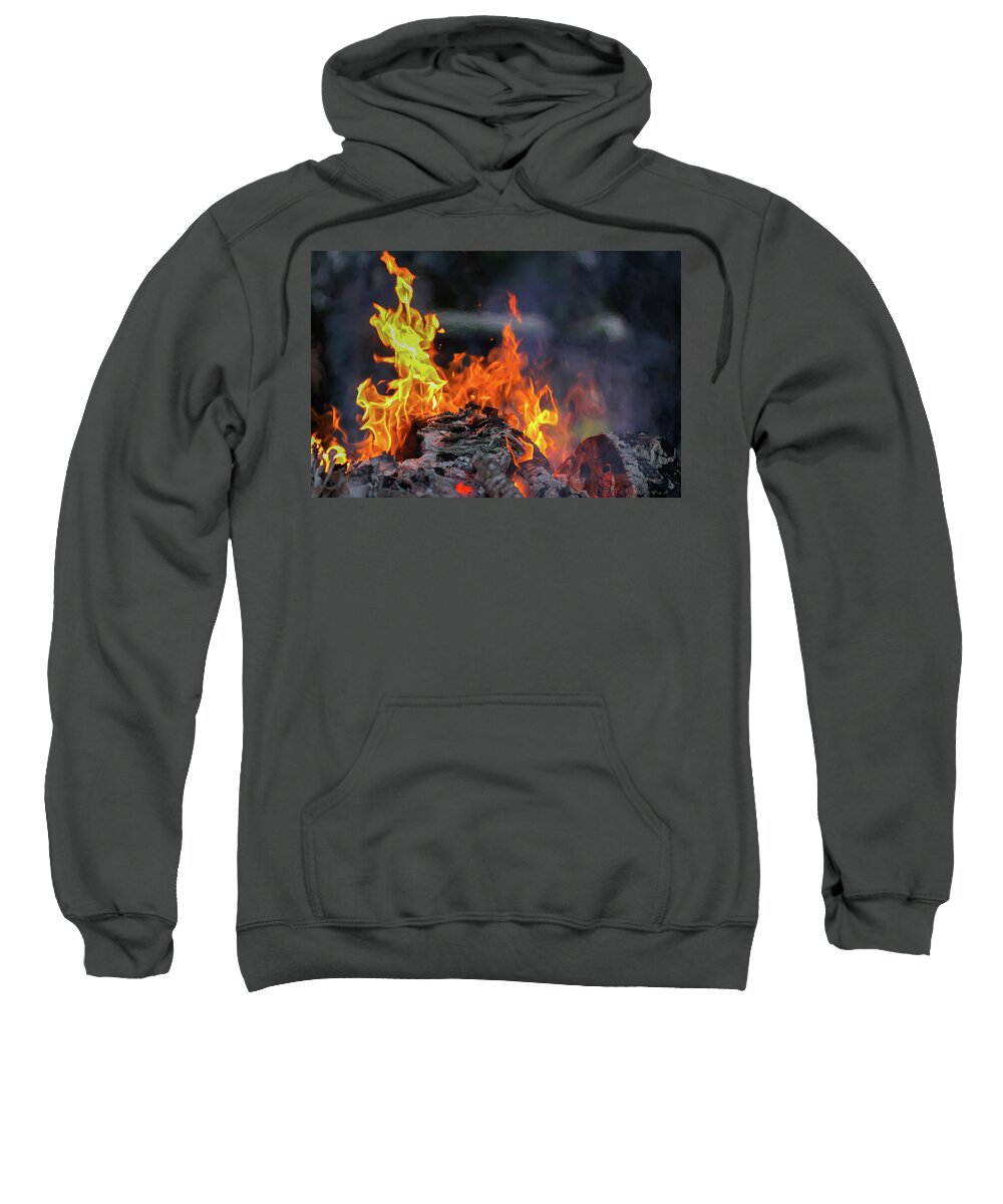 Bonfire Sweatshirt featuring the photograph Bonfire at a camp in summer evening outdoors #4 by Olga Strogonova