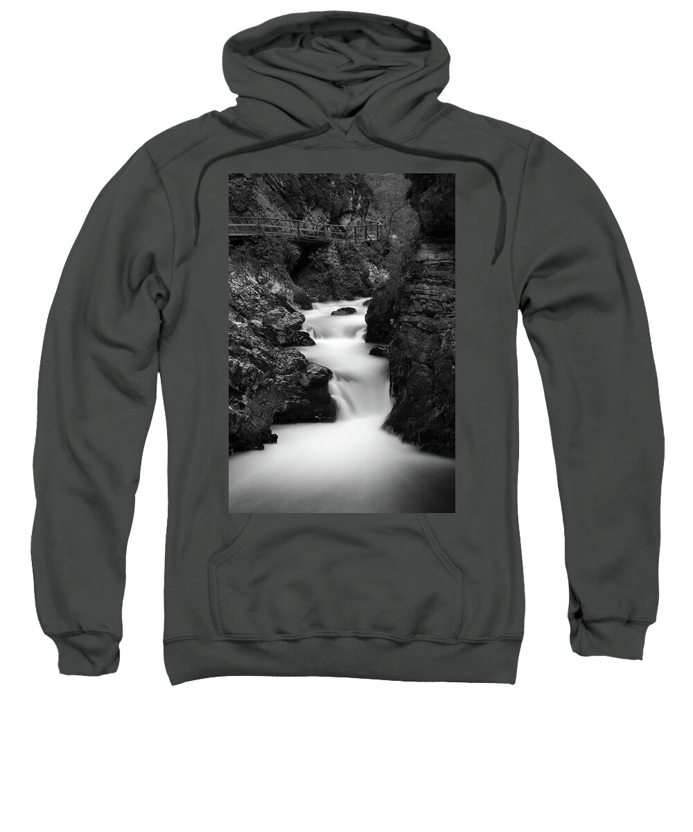 Soteska Sweatshirt featuring the photograph The Soteska Vintgar gorge in Black and White #4 by Ian Middleton