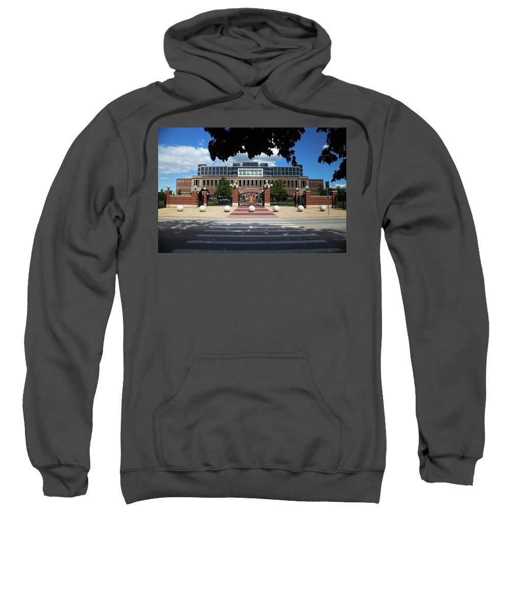University Of Illinois Sweatshirt featuring the photograph View with trees of Memorial Stadium at University of Illinois by Eldon McGraw