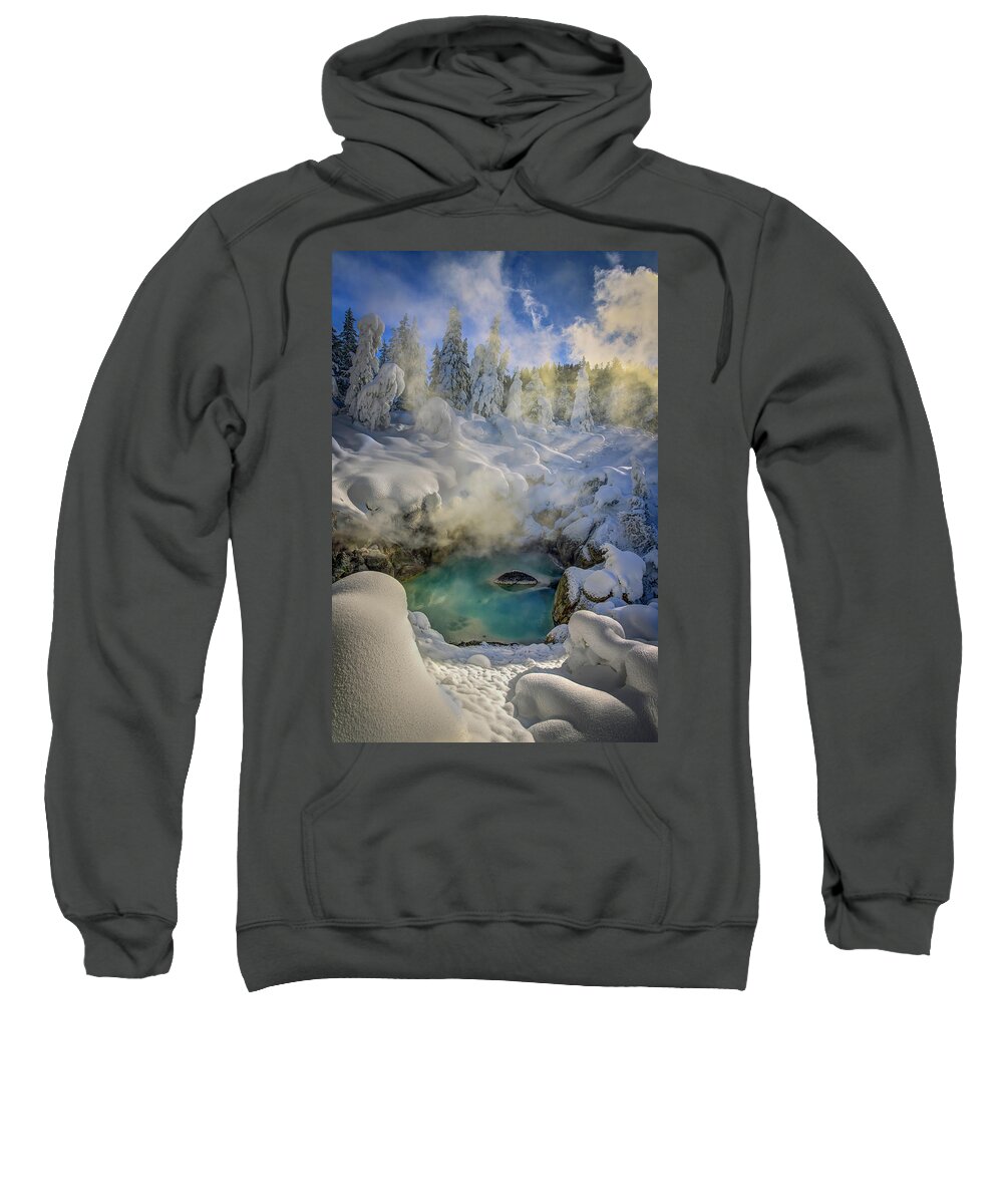 Yellowstone Sweatshirt featuring the photograph A Warm Winter Pool by Laura Hedien