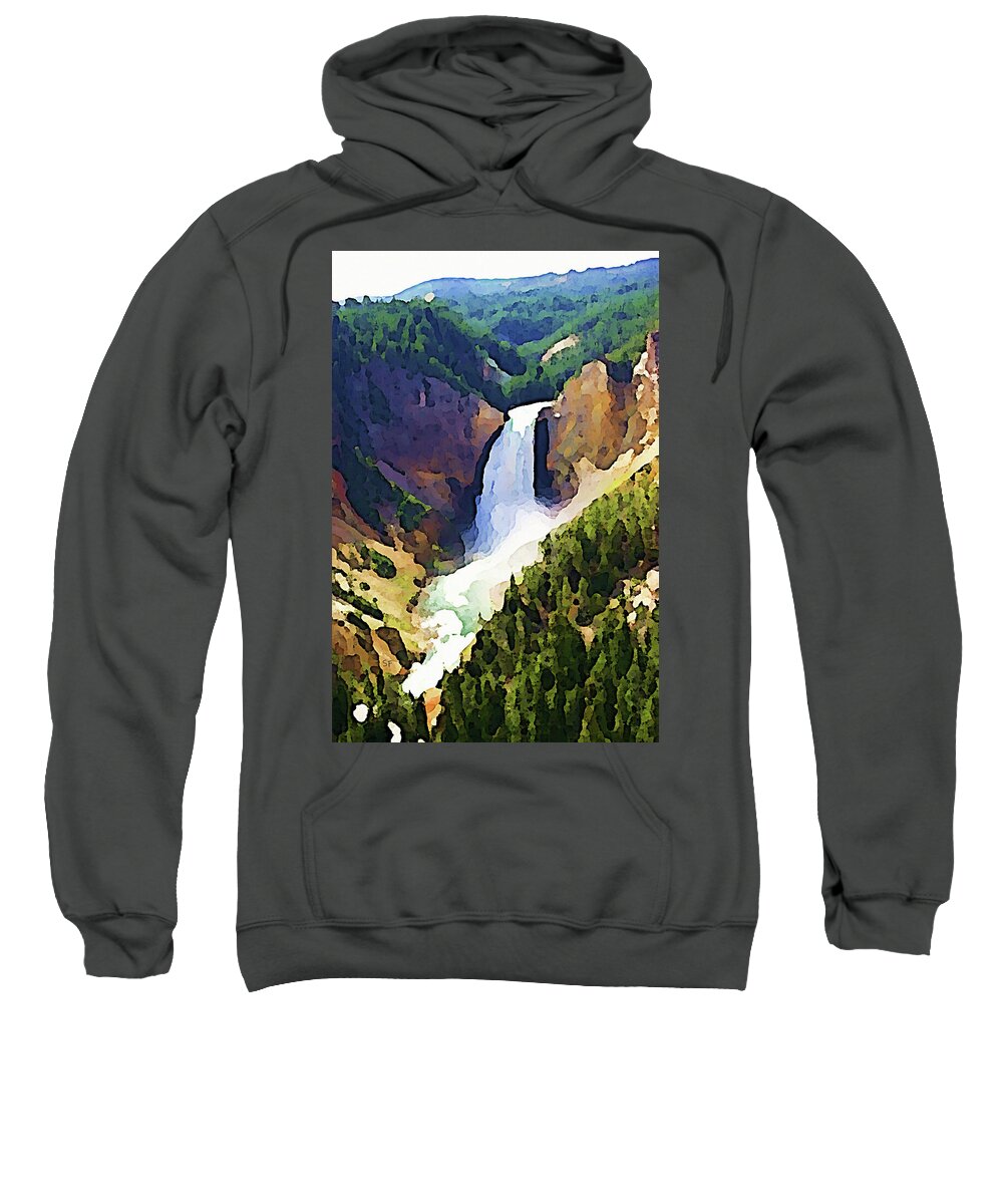 Landscape Sweatshirt featuring the mixed media A Waterfall at Yellowstone by Shelli Fitzpatrick