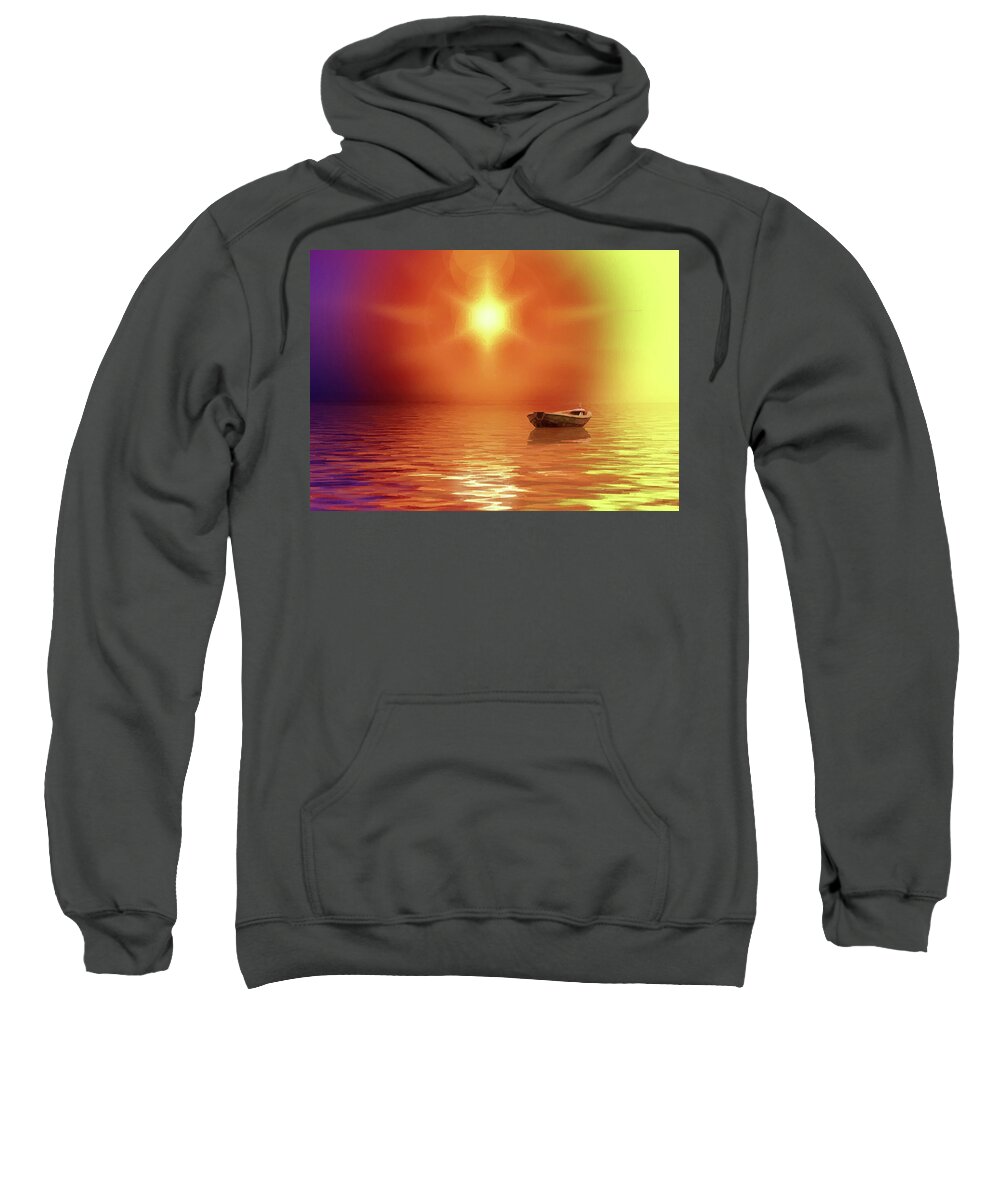 Adrift Sweatshirt featuring the digital art Adrift-Ocean Sunrise with Lonely Boat by Shelli Fitzpatrick