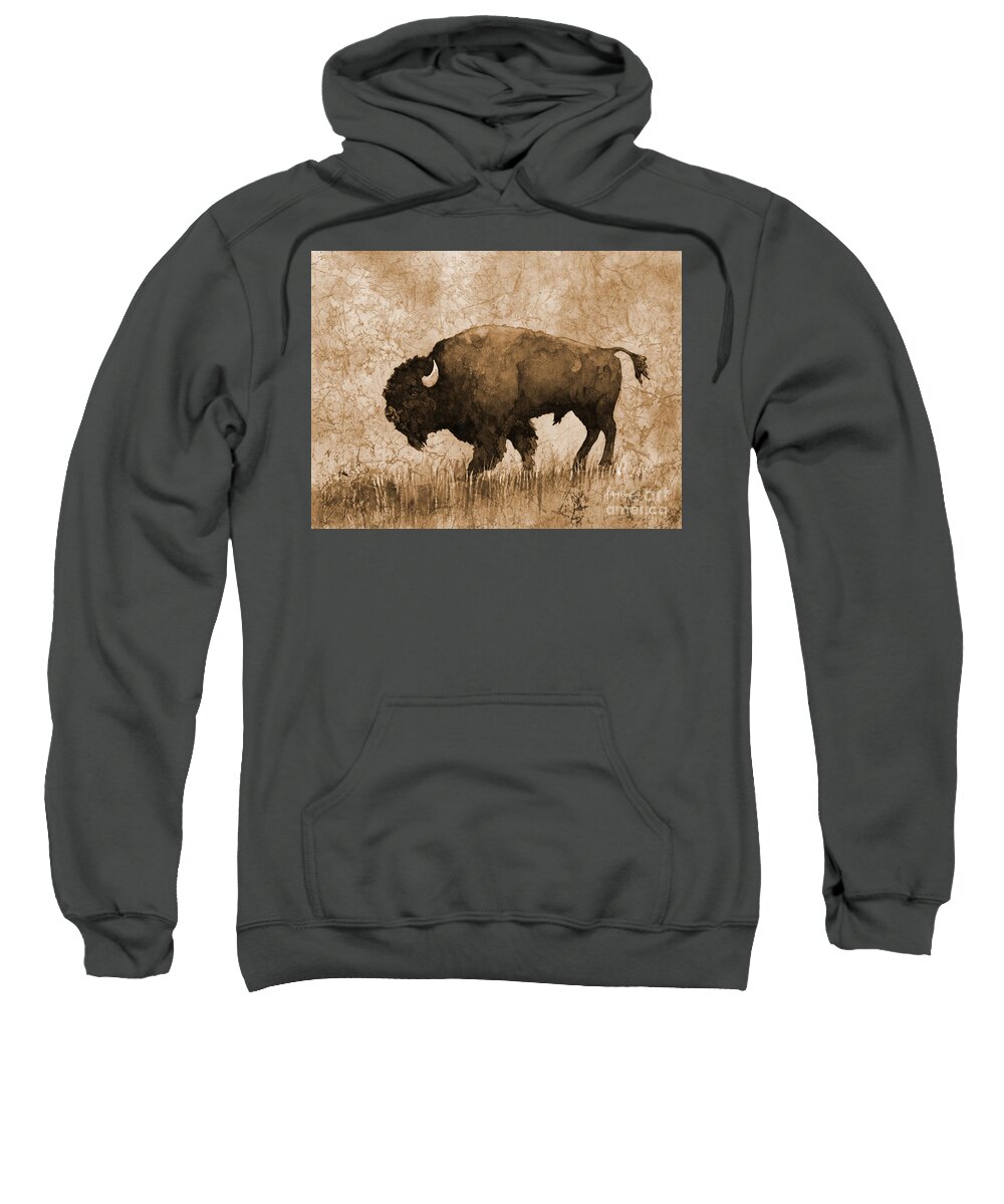 Bison Sweatshirt featuring the painting American Buffalo 5 in sepia tone by Hailey E Herrera