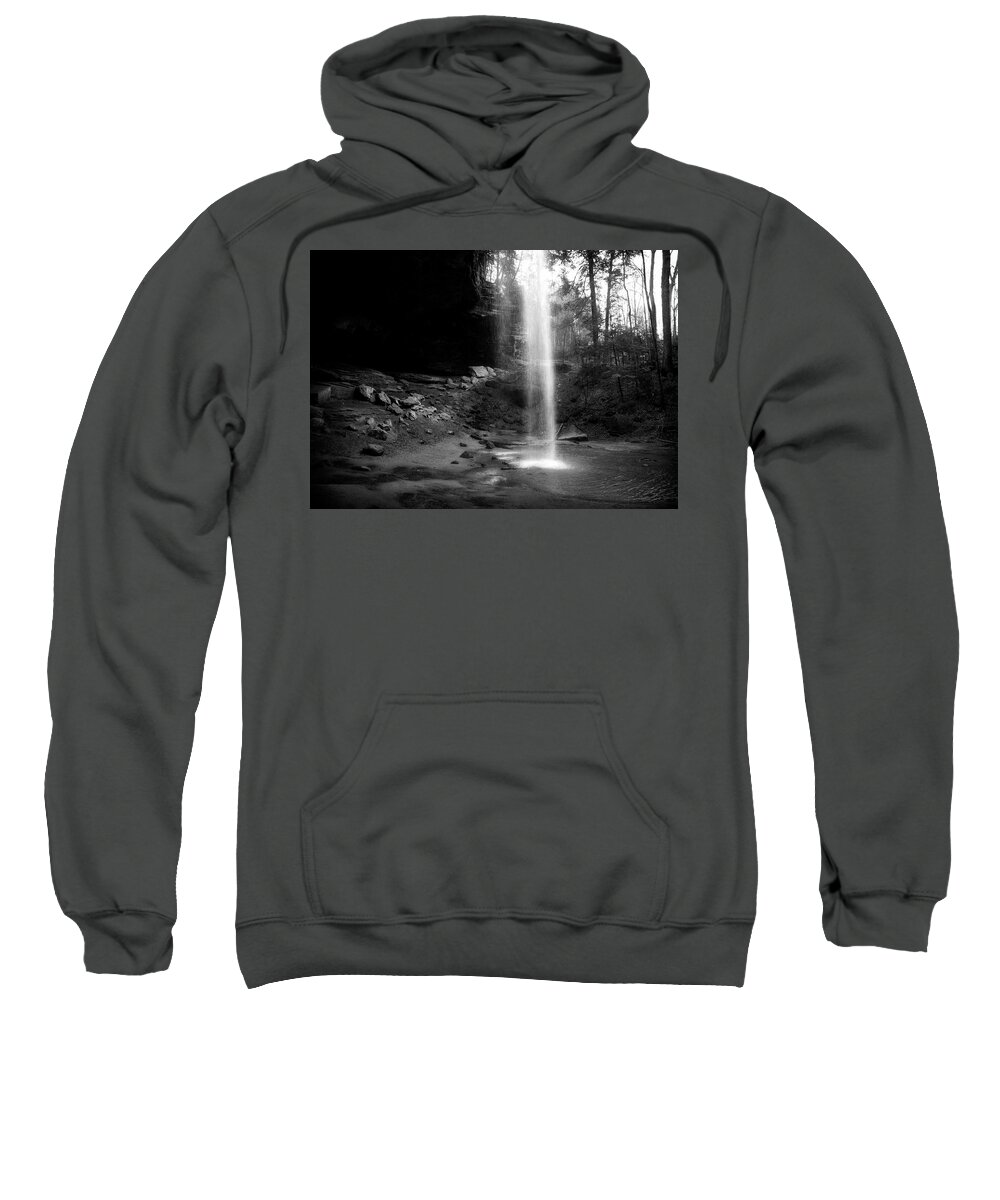 Ash Cave Black And White Sweatshirt featuring the photograph Ash Cave Waterfall Monochrome by Dan Sproul