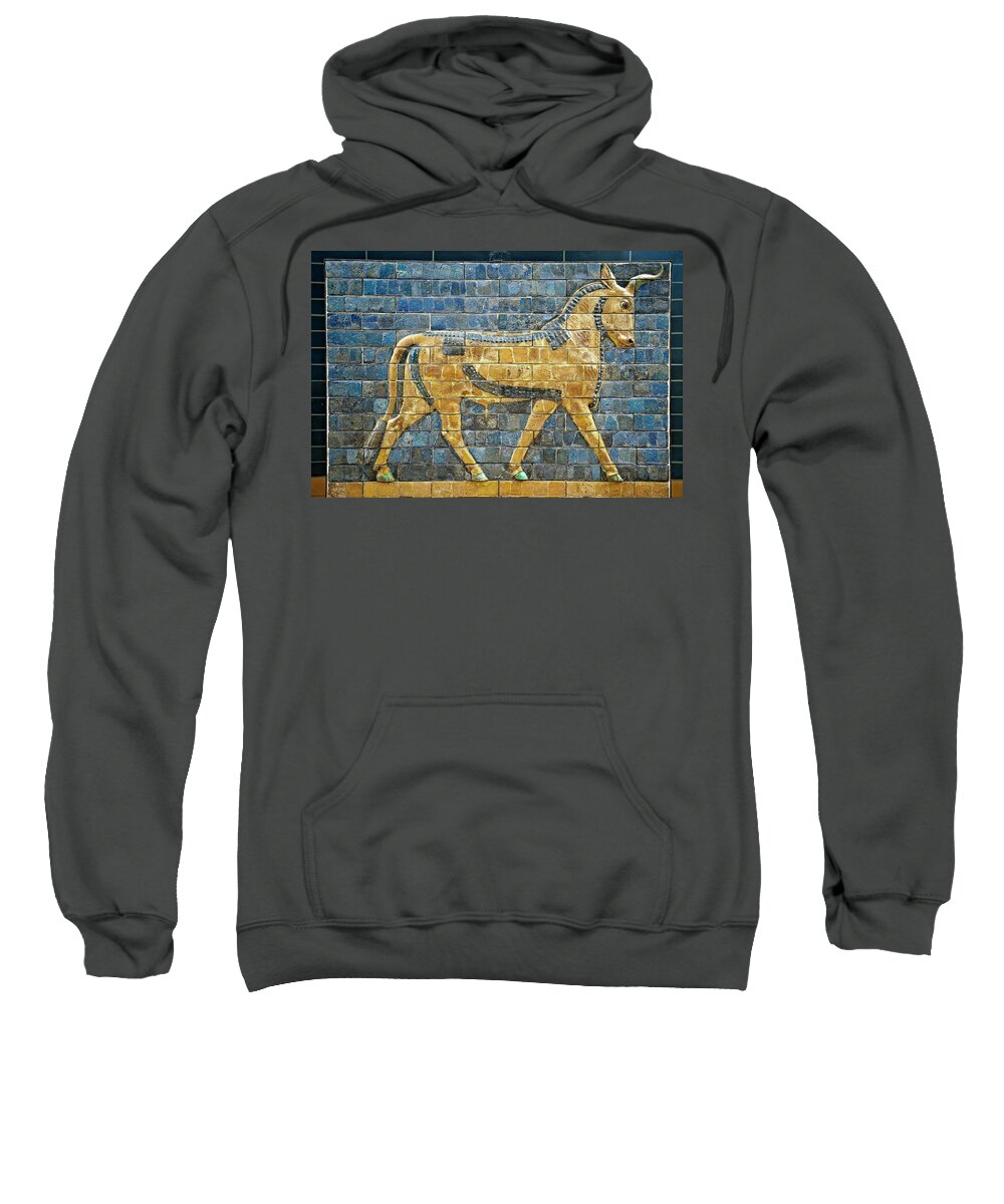 Auroch Sweatshirt featuring the photograph Aurochs glazed panel from the Ishtar Gate - Babylon 575 BC - Istanbul Archseological Museum by Paul E Williams