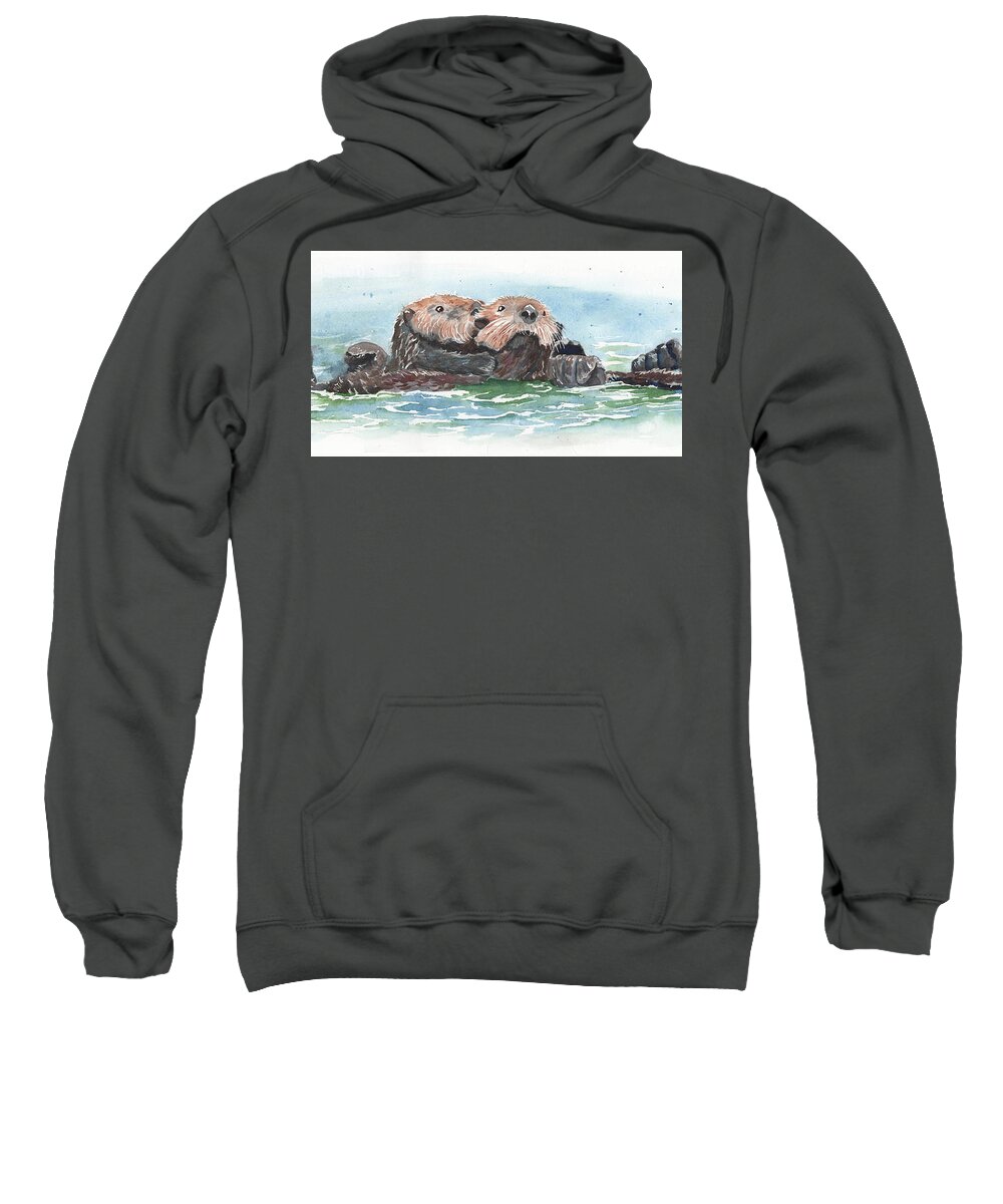 Otter Sweatshirt featuring the painting Baby Otter and Ma by Jeanette Mahoney