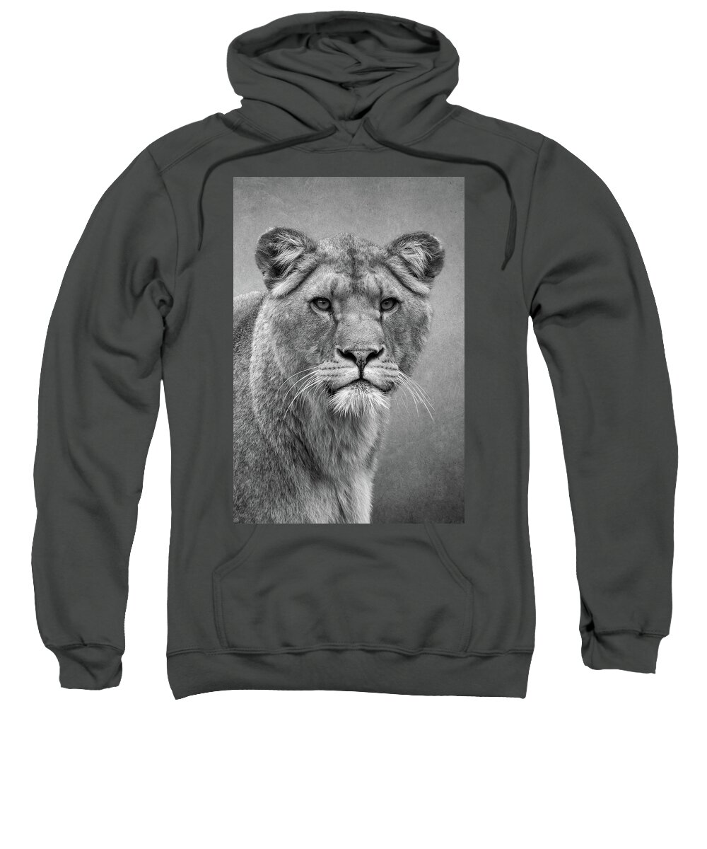 Lions Sweatshirt featuring the digital art Beautiful lioness in black and white by Marjolein Van Middelkoop