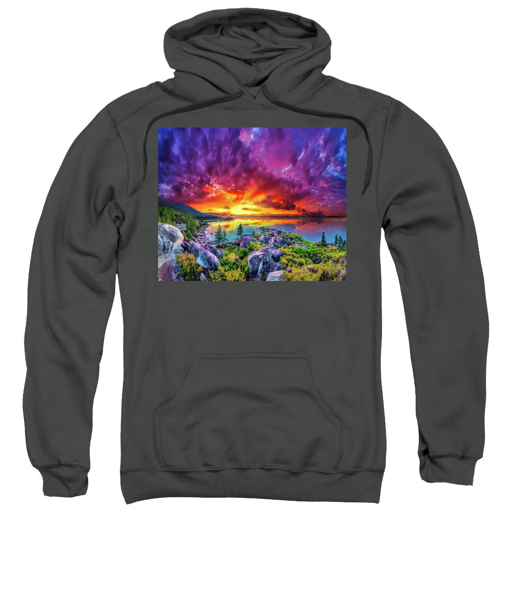 Beautiful Sweatshirt featuring the photograph Beautiful Purple Sunset Rocky Lake Tahoe by Eszra Tanner