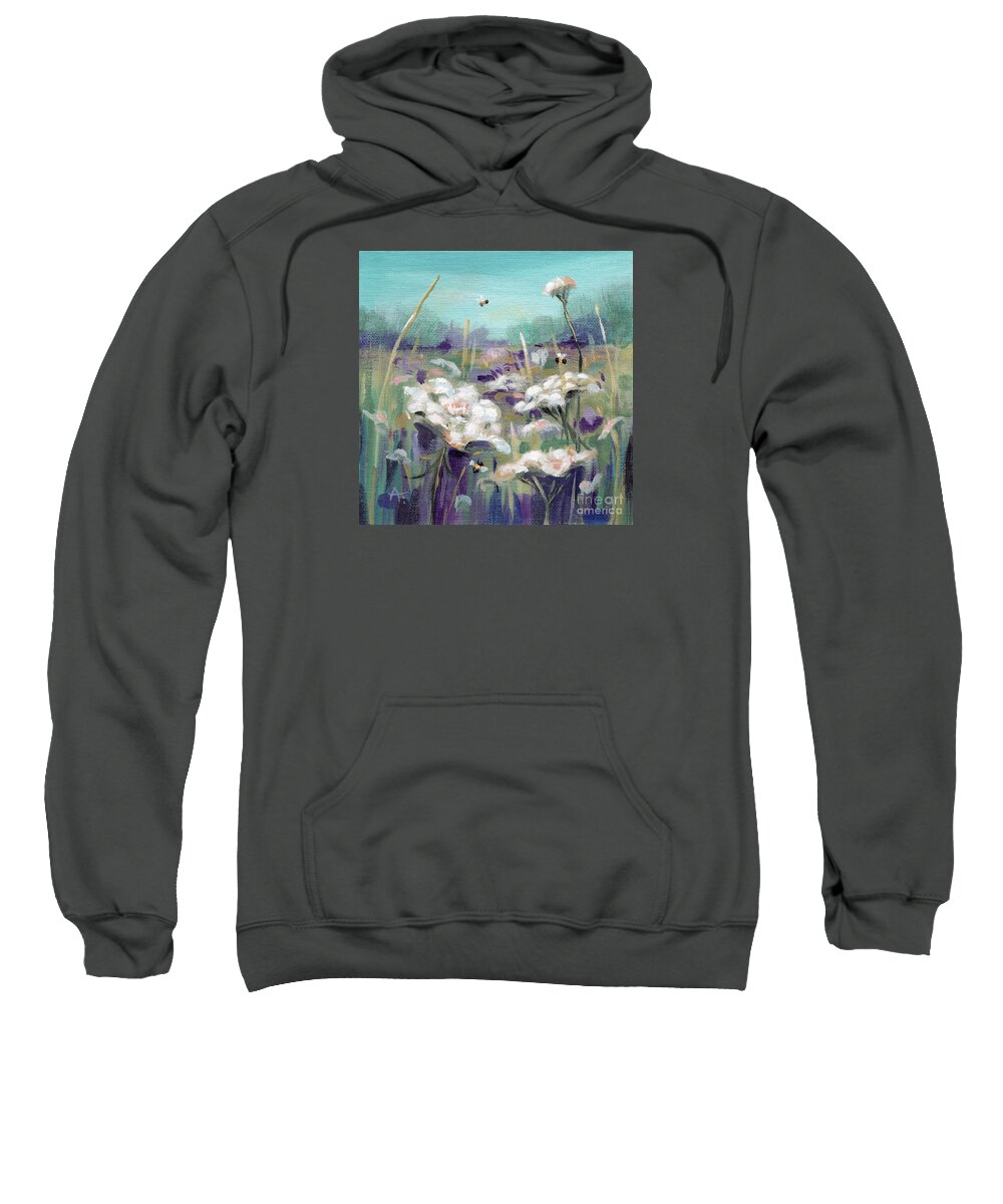Bee Sweatshirt featuring the painting BEEcause - Queen Ann's Lace Flower Painting by Annie Troe