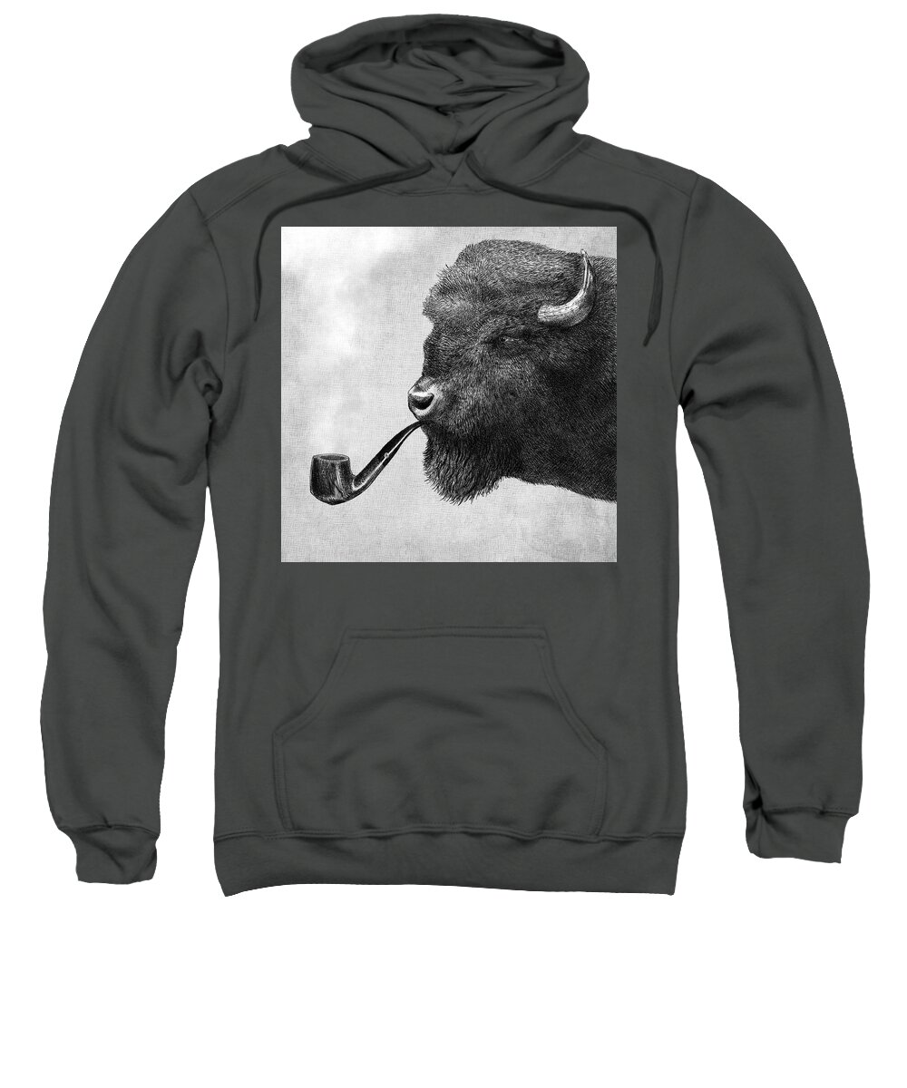 Bison Sweatshirt featuring the drawing Big Smoke - black and white by Eric Fan