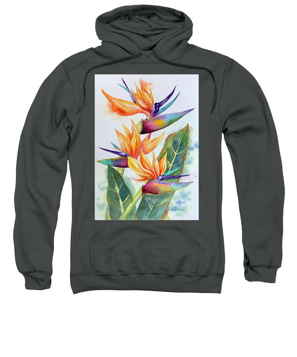 Birdofparadise Sweatshirt featuring the painting Bird of Paradise Three Flowers by Hilda Vandergriff