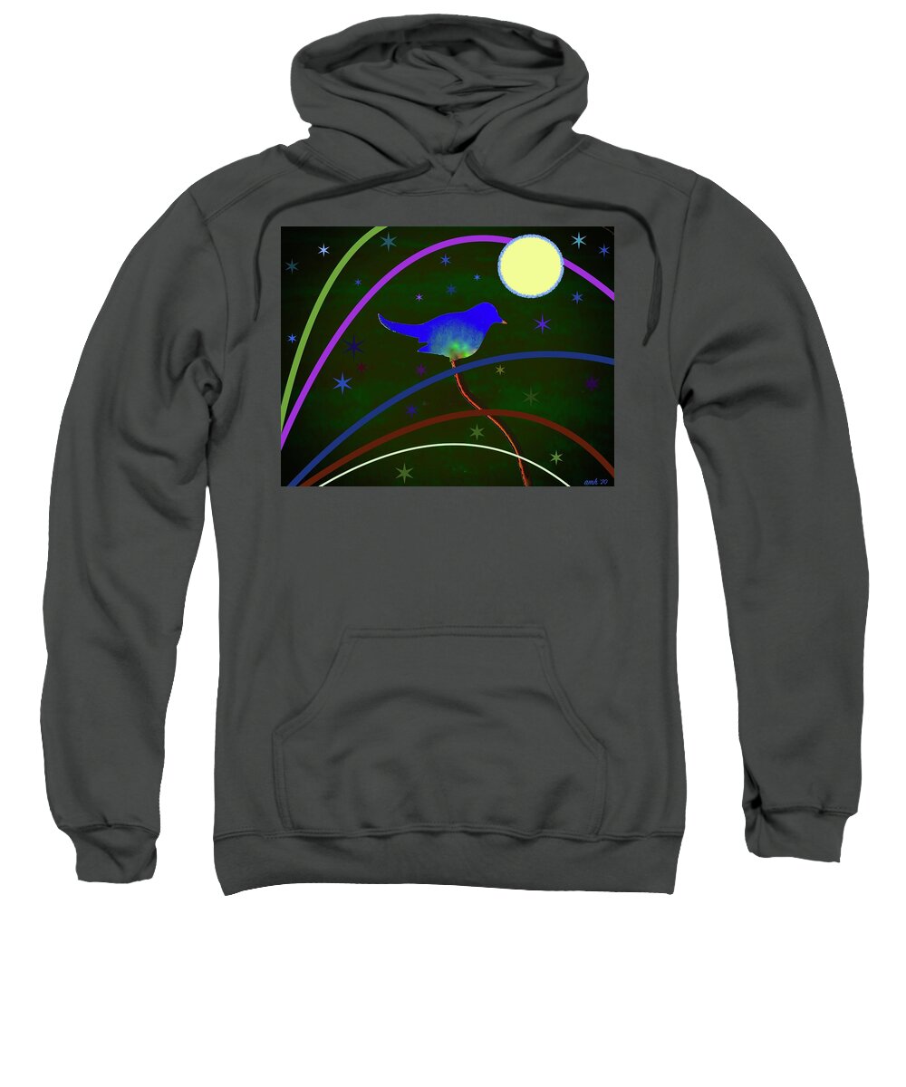 Bird Sweatshirt featuring the mixed media A Bluebird, The Moon And The Stars by Alida M Haslett