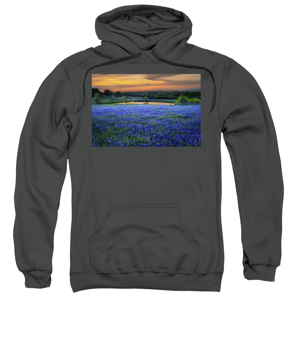 Texas Bluebonnets Sweatshirt featuring the photograph Bluebonnet Lake Vista Texas Sunset - Wildflowers landscape flowers pond by Jon Holiday