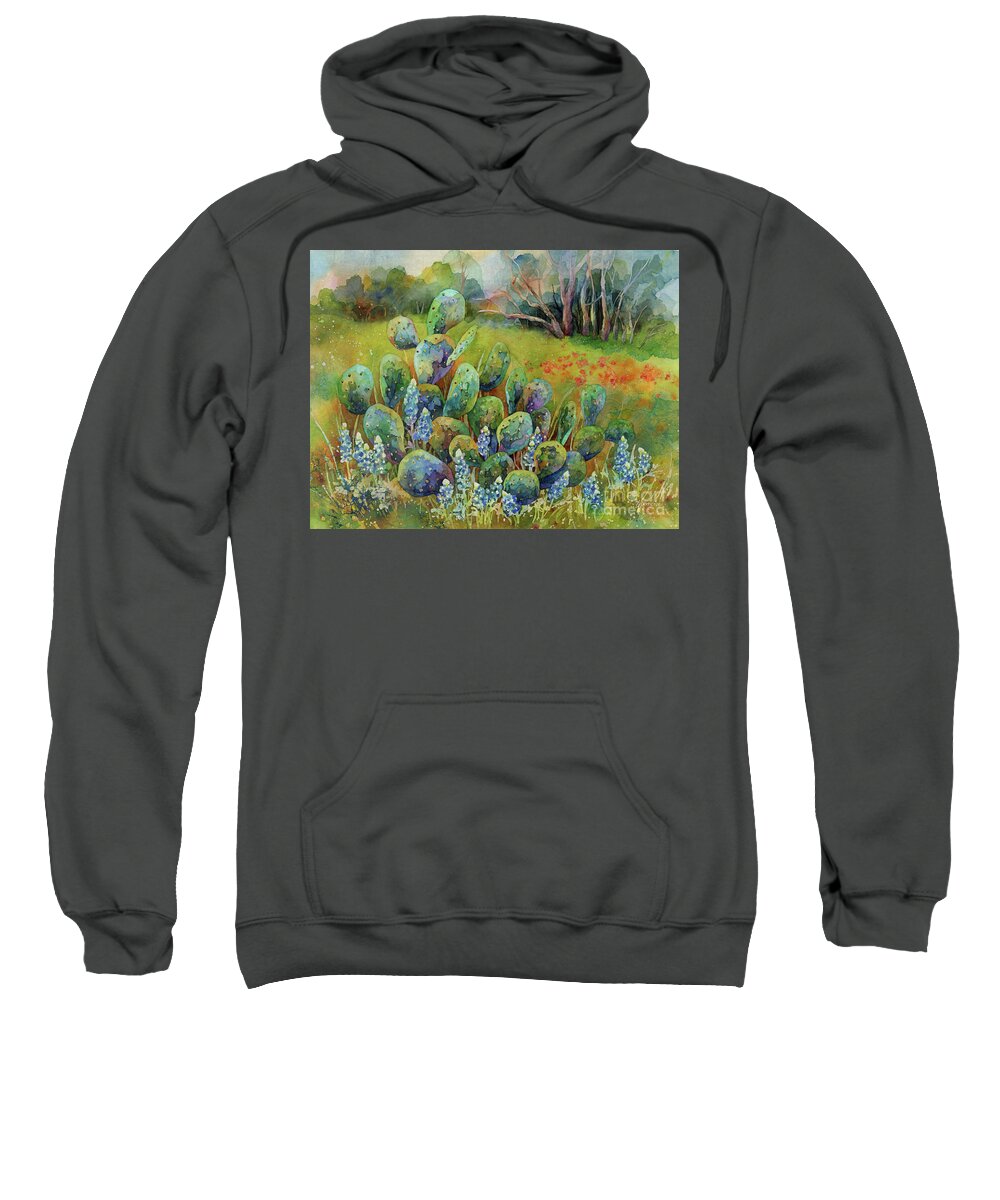 Cactus Sweatshirt featuring the painting Bluebonnets and Cactus by Hailey E Herrera