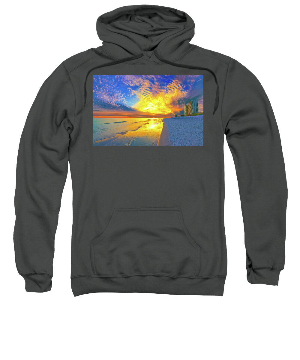 Art Sweatshirt featuring the photograph Brilliant Yellow Blue Sunset Reflected Navarre Beach Condos by Eszra Tanner