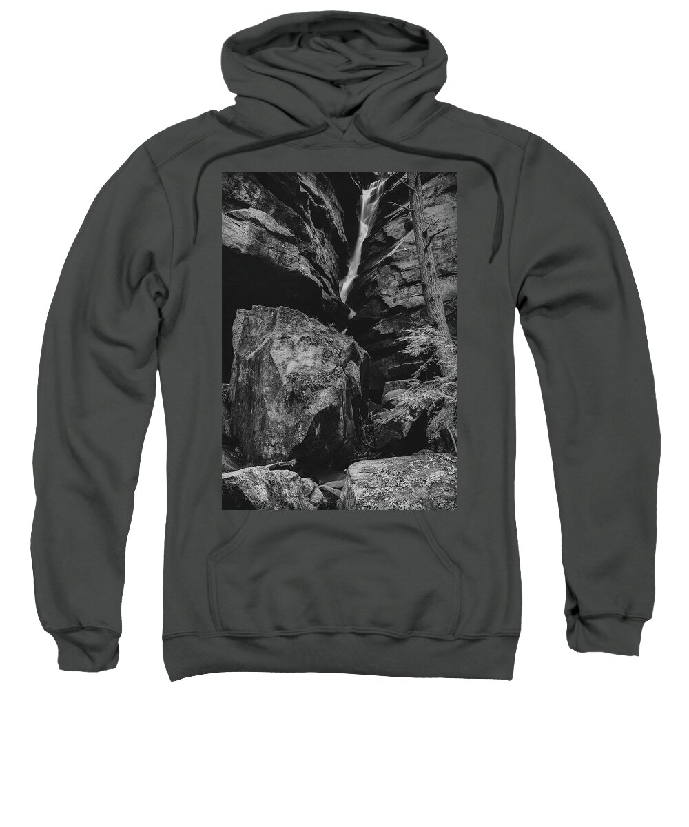 Broken Rock Falls Black And White Sweatshirt featuring the photograph Broken Rock Falls Ohio Black And White by Dan Sproul