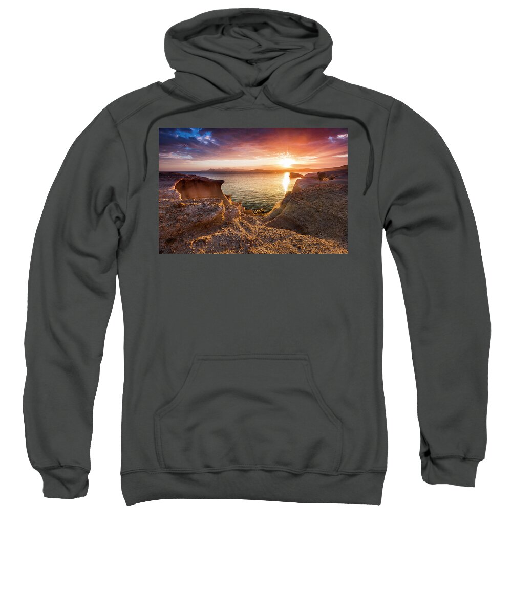 Aegean Sea Sweatshirt featuring the photograph Bronze Sea Rocks by Evgeni Dinev