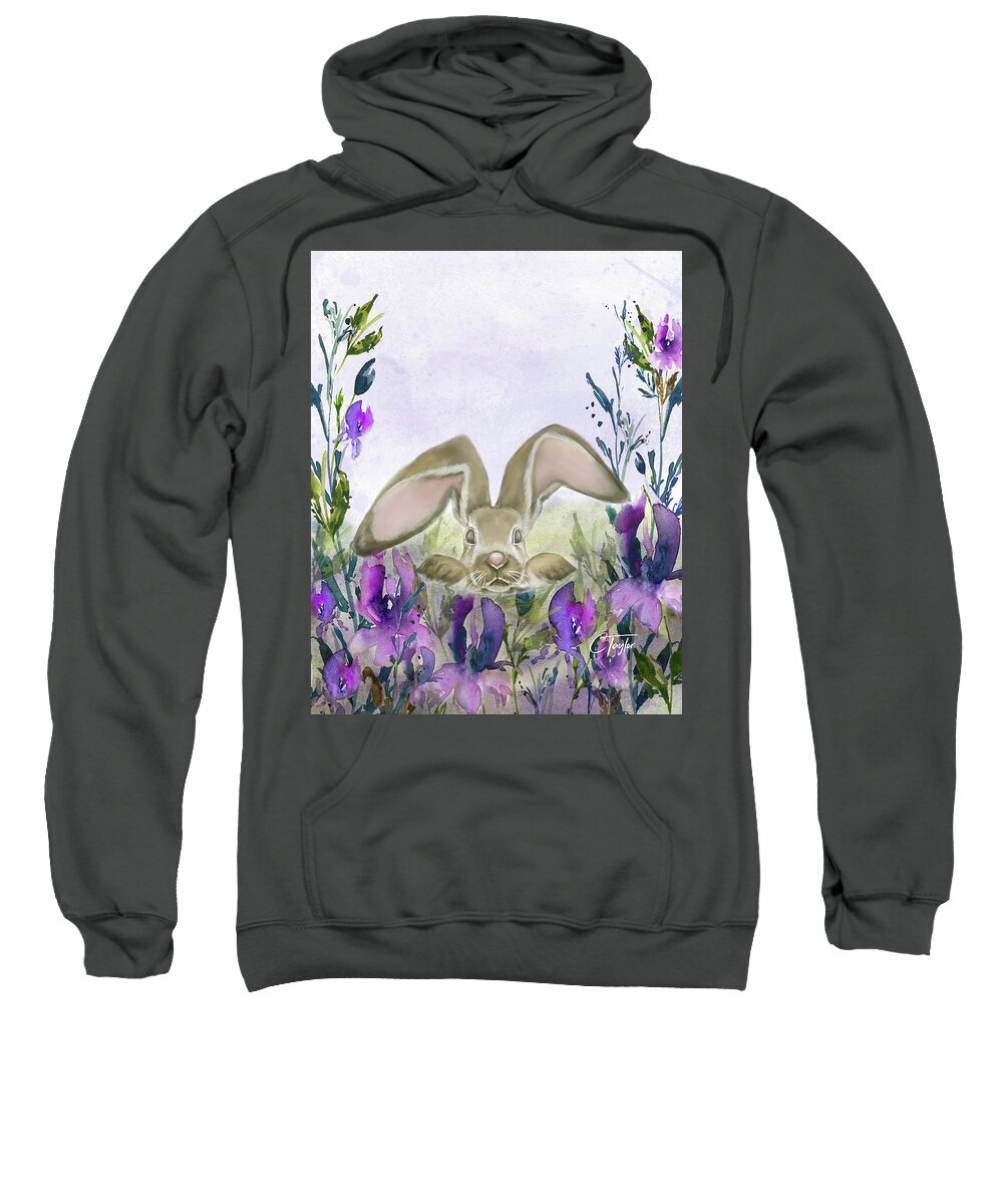 Rabbit Sweatshirt featuring the mixed media Bunny in Iris Fields by Colleen Taylor