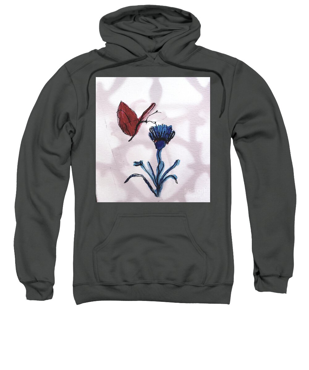  Sweatshirt featuring the painting Butterfly and Blue Flower by Margaret Welsh Willowsilk