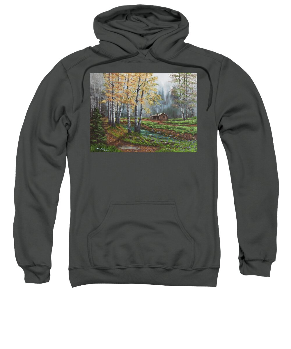 Painting Sweatshirt featuring the painting Cabin in the Forest by Lena Auxier