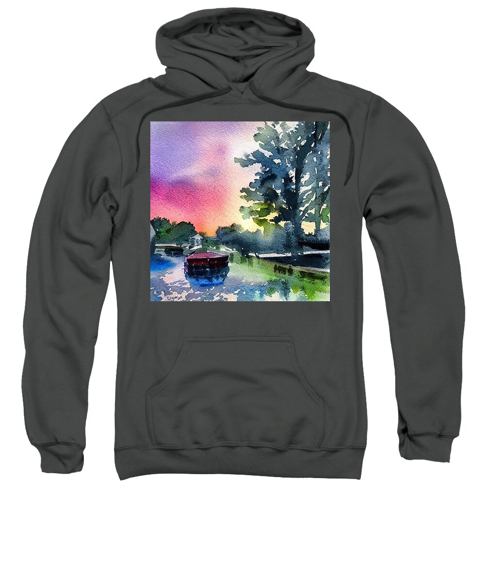 Waterloo Village Sweatshirt featuring the painting Canal Boat at Waterloo Village, Morris Canal, Sunset by Christopher Lotito
