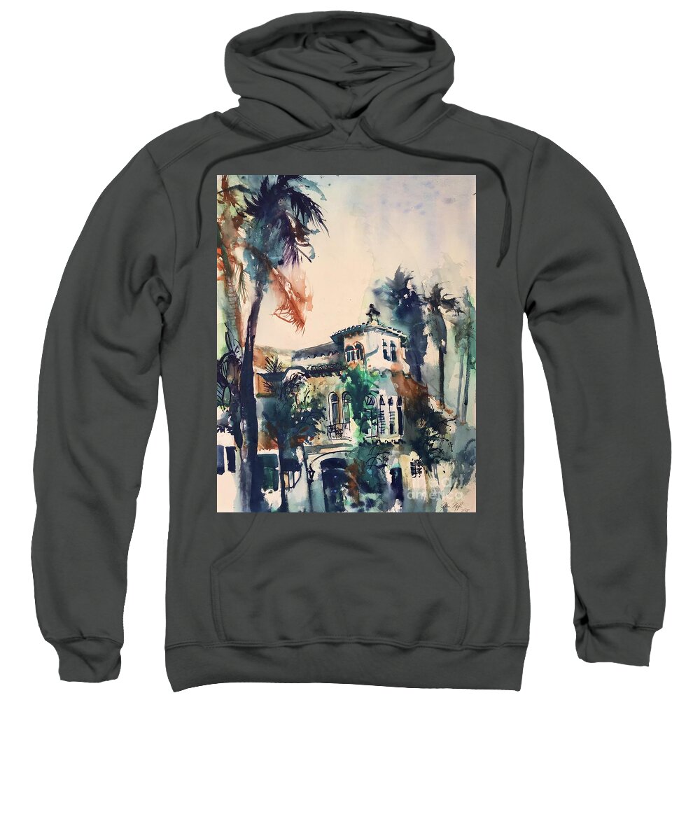 #palms #trees #carlsbad #california #watercolor #watercolorpainting #glenneff #neff #thesoundpoetsmusic #picturerockstudio #spanish #architecture Www.glenneff.com Sweatshirt featuring the painting Carlsbad Palm Trees by Glen Neff