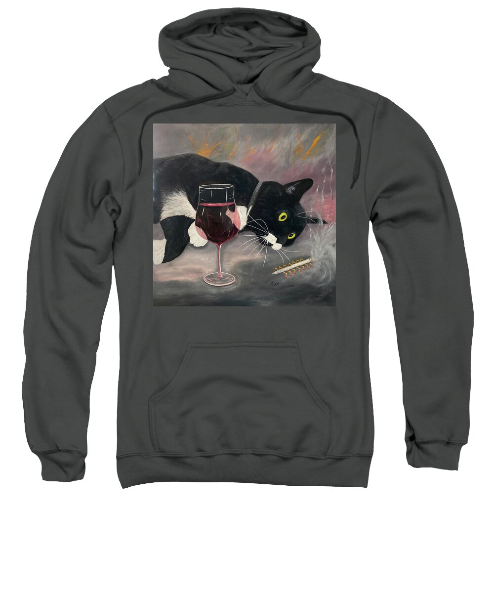 Funny Tuxedo Cat Sweatshirt featuring the painting Cat Dreaming by Karen Zuk Rosenblatt