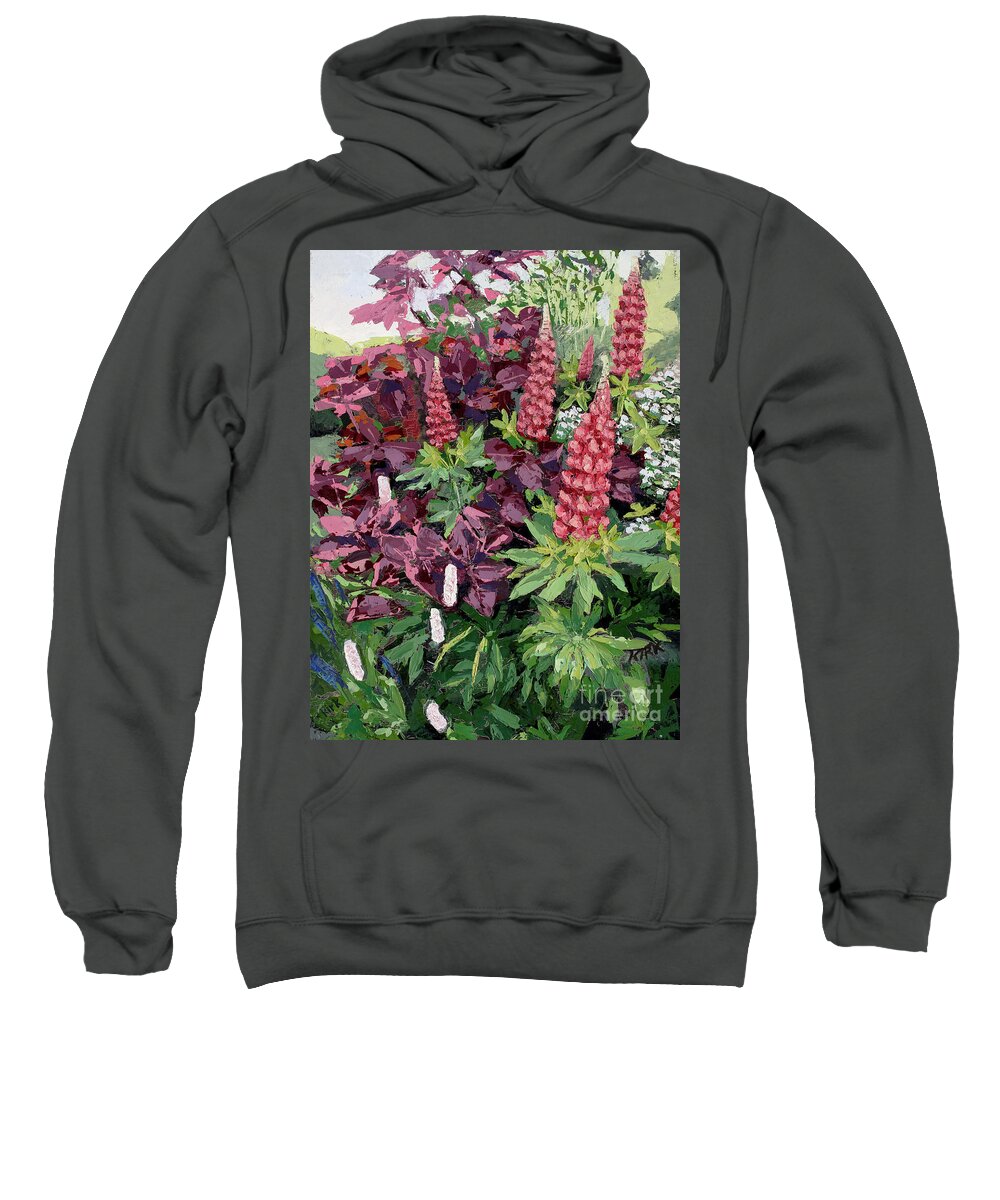 Oil Painting Sweatshirt featuring the painting Cawdor Castle Lupins, 2015 by PJ Kirk