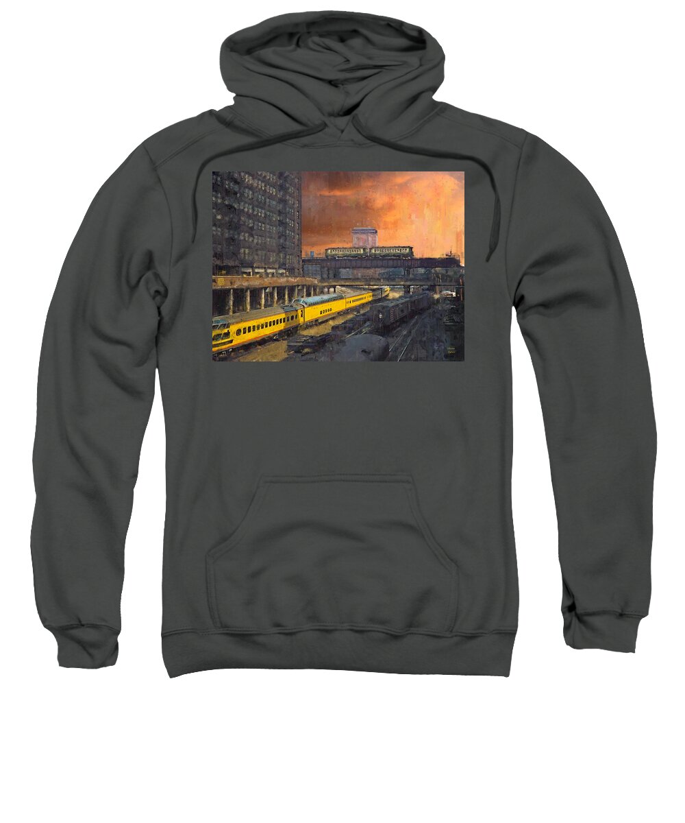 Chicago Sweatshirt featuring the painting Chicago 1957 The Hiawatha Leaves Union Station by Glenn Galen