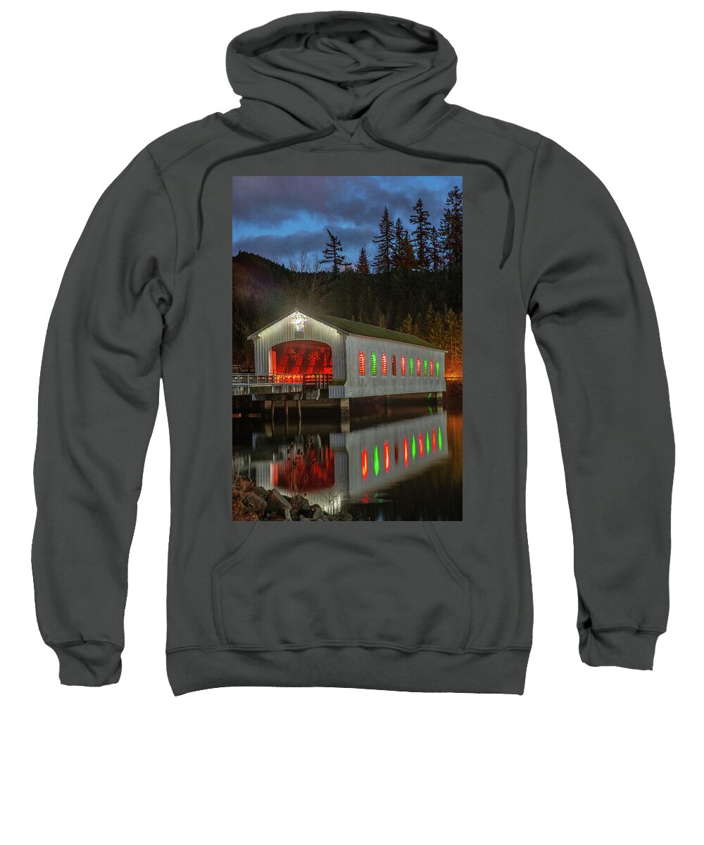 Lowell Covered Bridge Sweatshirt featuring the photograph Christmas Reflections at Lowell Covered Bridge by Matthew Irvin