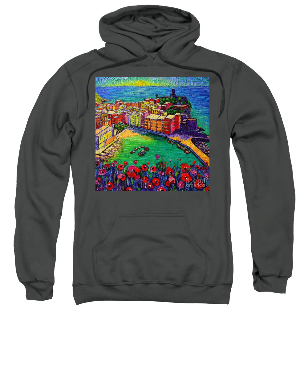 Cinque Sweatshirt featuring the painting Cinque Terre Vernazza Poppies by Ana Maria Edulescu