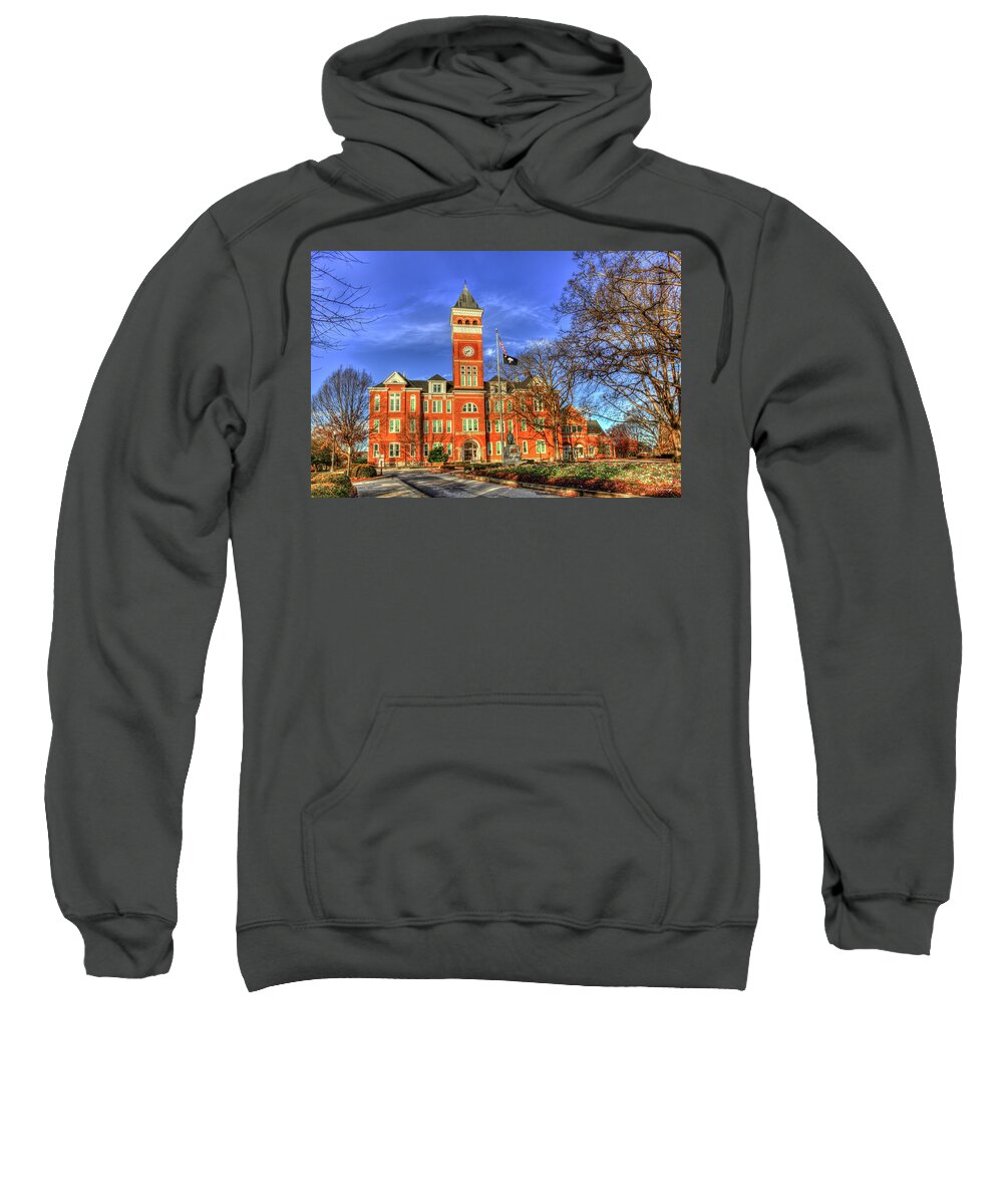 Reid Callaway Tillman Hall Sweatshirt featuring the photograph Clemson University Tillman Hall Sunrise Glow The Most Famous Building Architectural Art by Reid Callaway