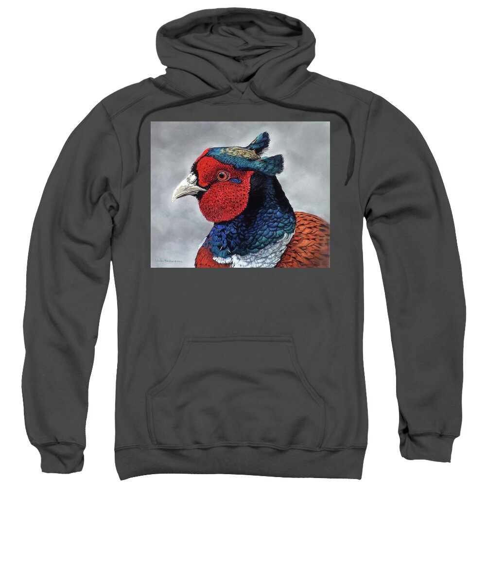 Pheasant Sweatshirt featuring the painting Cocky by Linda Becker