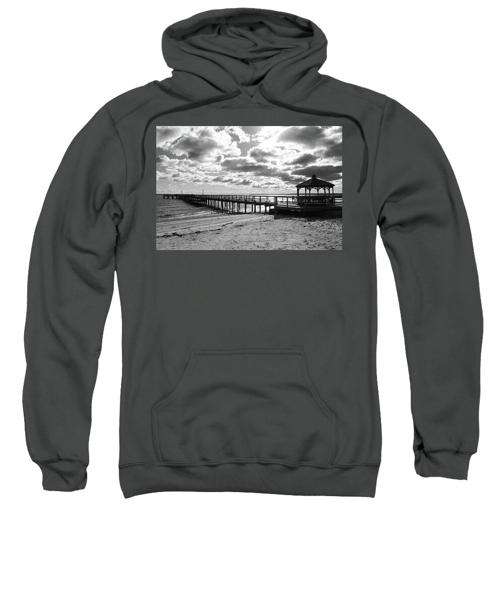 Colonial Beach Sweatshirt featuring the photograph Colonial Beach - Long Pier - Black and White by David Beard