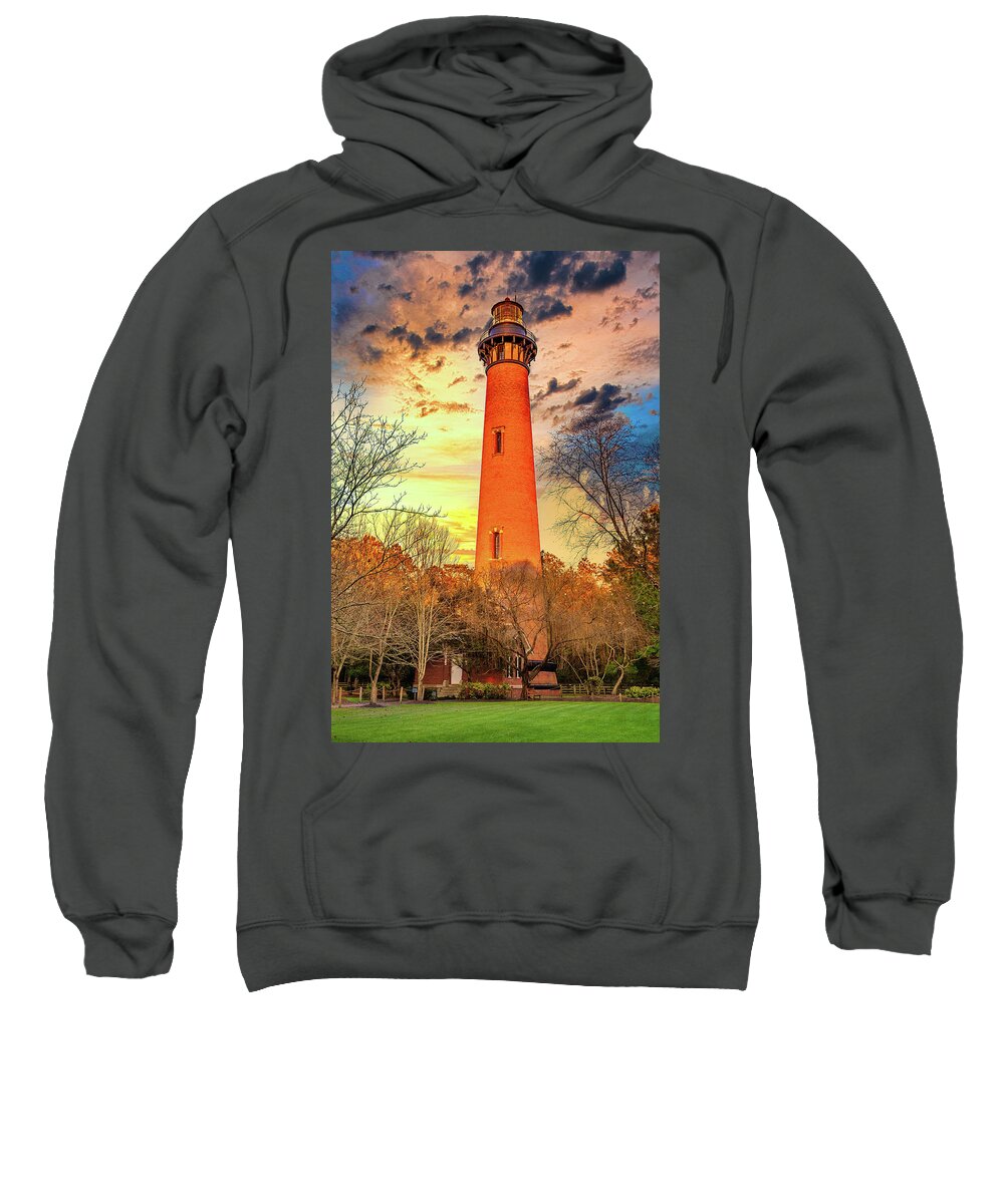 North Carolina Sweatshirt featuring the photograph Corolla Lighthouse and Sunset Sky vert by Dan Carmichael