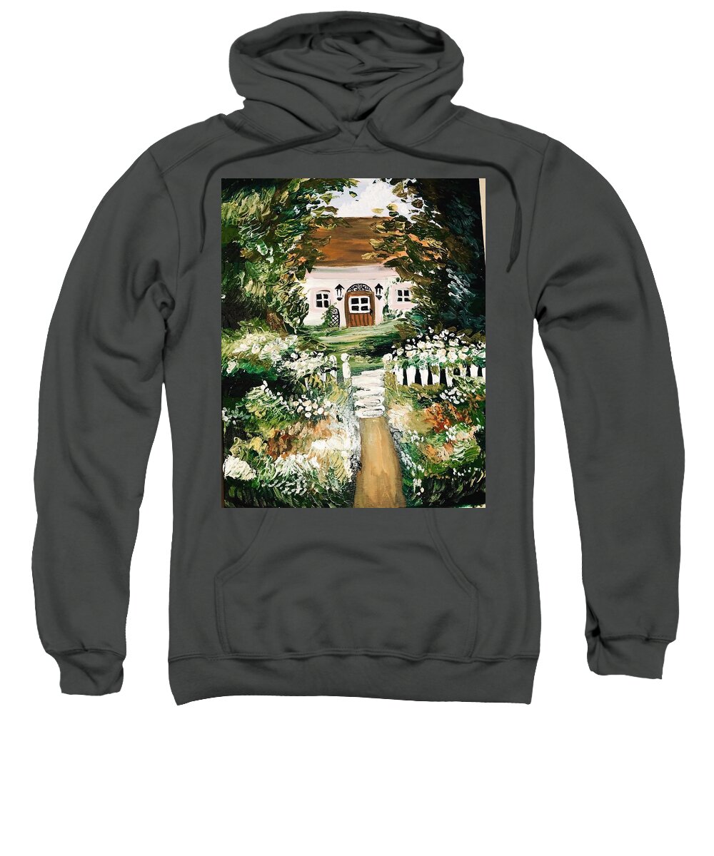 Home Decor House Landscape Woods Floral Flowers Cottage Dreamy Sweatshirt featuring the painting Cottage in the woods by Meredith Palmer